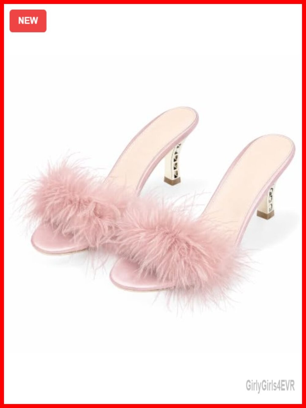 Faux Fur Feather Open Toe Kitten Heel Mule Slippers Slip On Party
